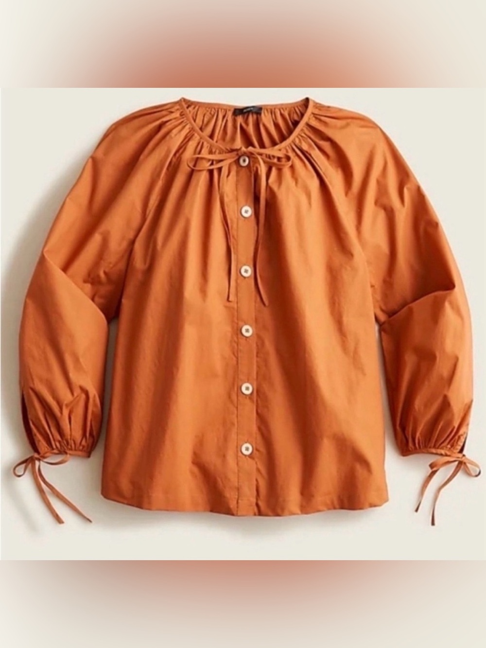 J. Crew Tie-Sleeve Button-Front Cotton Poplin Blouse in Burnt Orange size Medium